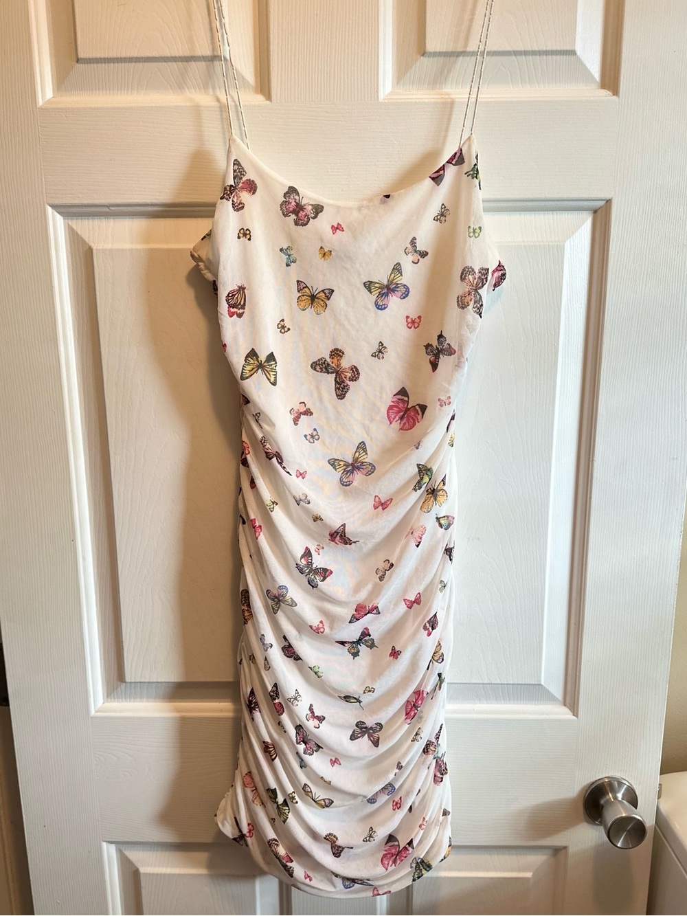 Y2K White Butterfly Ruched Strappy Bodycon Dress L Fairy Gardencore Festival